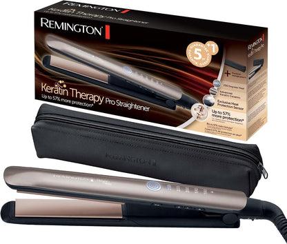 Remington Plancha Pelo Pantalla Digital, 160-230 °C, Sensor Protección Contra El Calor Para Reducir El Daño Capilar Keratin Therapy Revestimiento Cerámica Con Queratina Y Aceite De Almendra S8593