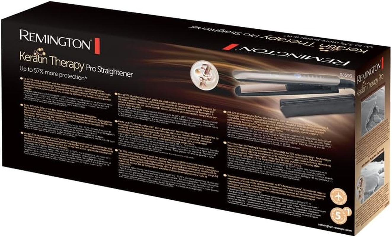 Remington Plancha Pelo Pantalla Digital, 160-230 °C, Sensor Protección Contra El Calor Para Reducir El Daño Capilar Keratin Therapy Revestimiento Cerámica Con Queratina Y Aceite De Almendra S8593
