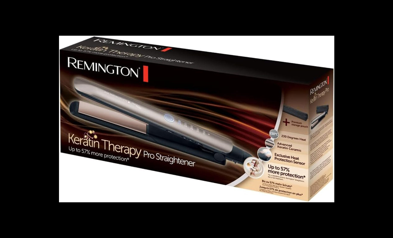 Remington Plancha Pelo Pantalla Digital, 160-230 °C, Sensor Protección Contra El Calor Para Reducir El Daño Capilar Keratin Therapy Revestimiento Cerámica Con Queratina Y Aceite De Almendra S8593